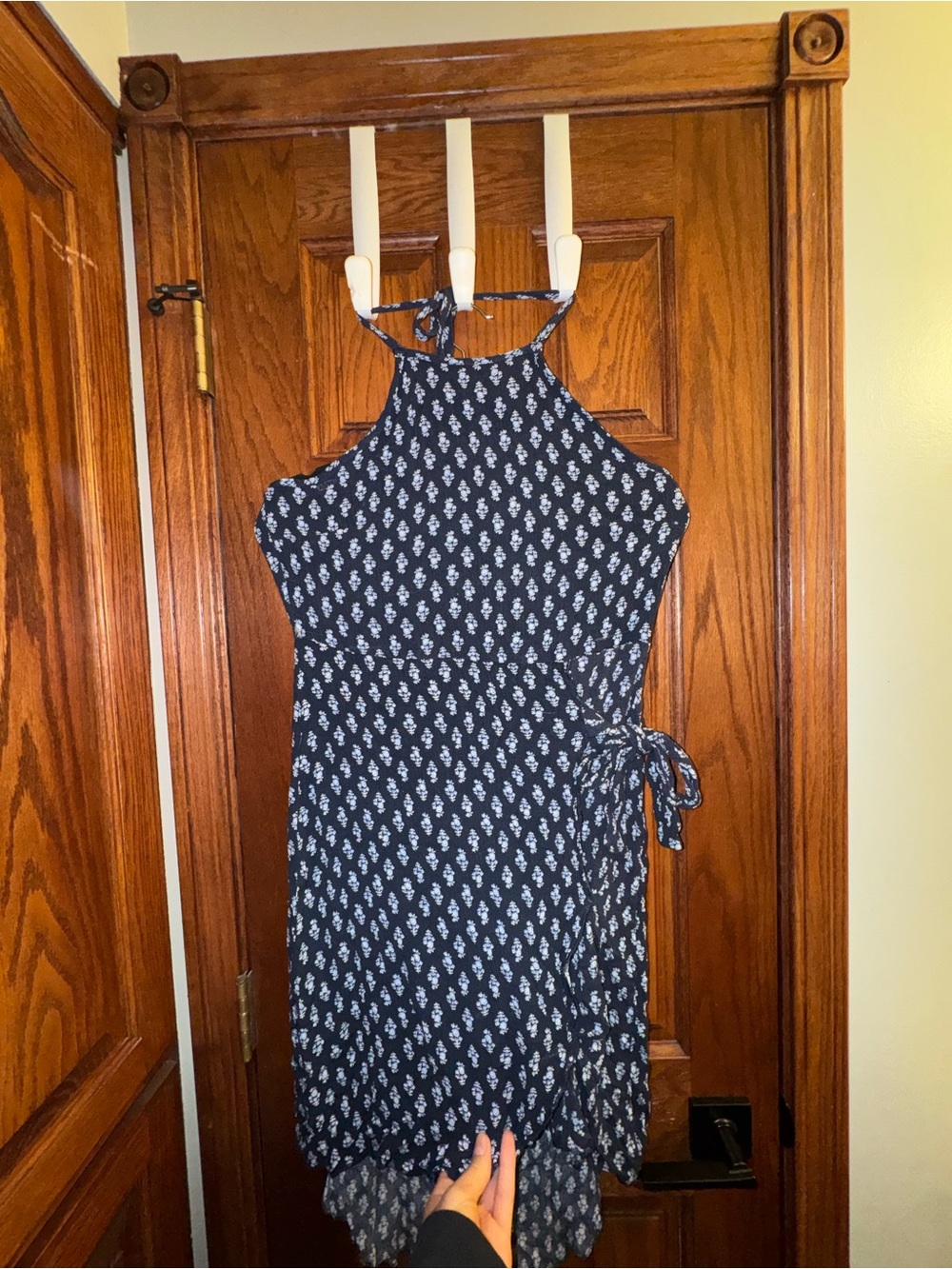 Women’s Navy Halter Wrap Dress with White Print